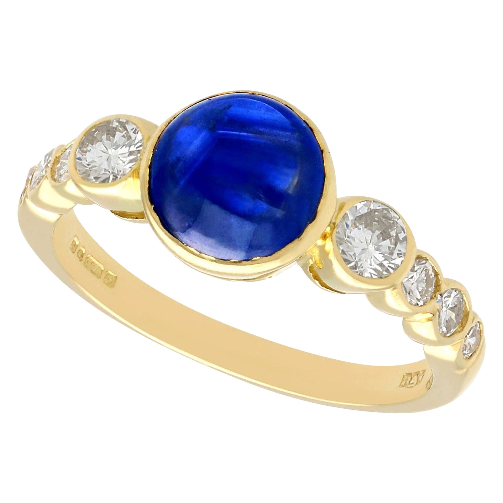 Vintage 1980s 1.74ct Cabochon Cut Sapphire and Diamond Yellow Gold Cocktail Ring