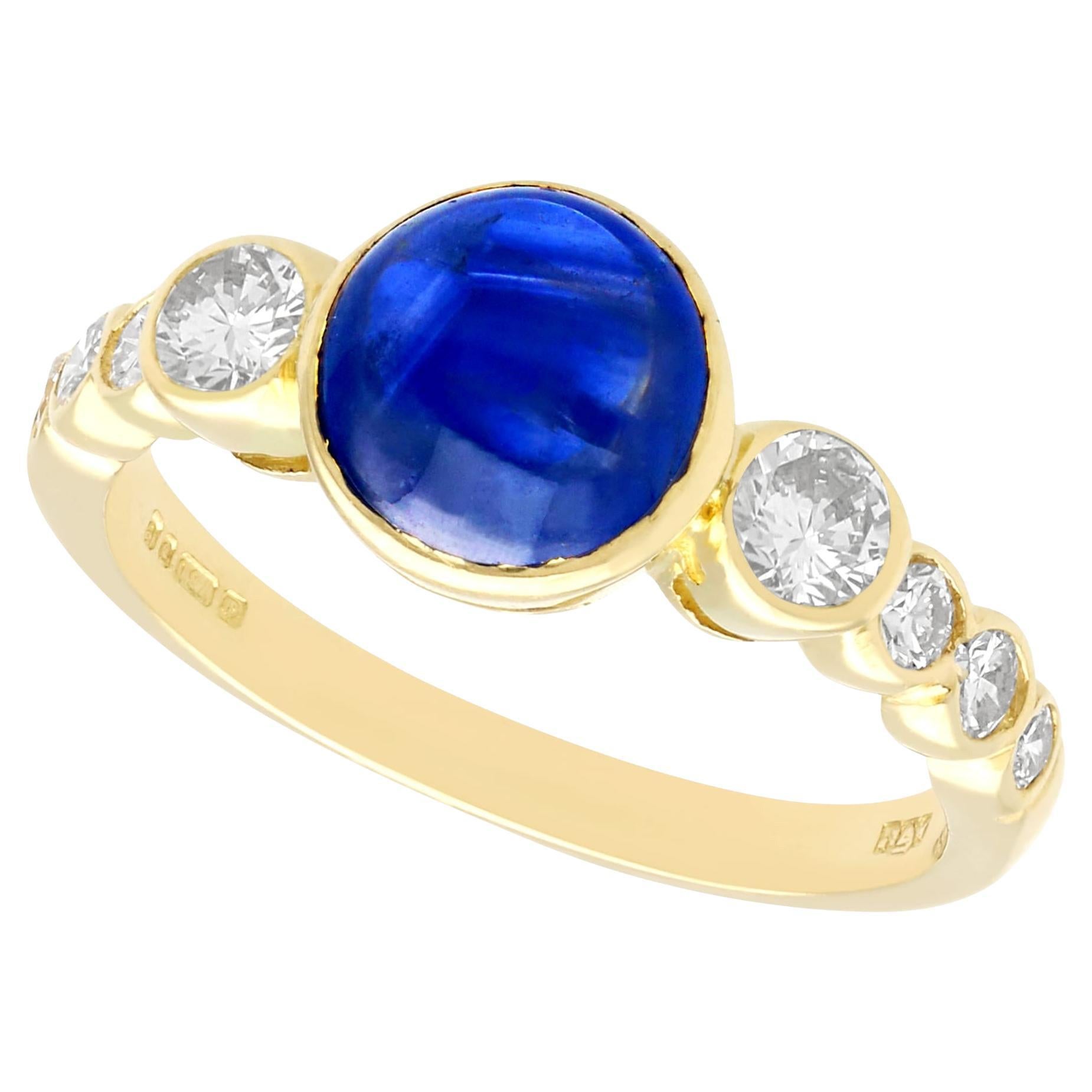Vintage 1980s 1.74ct Cabochon Cut Sapphire and Diamond Yellow Gold Cocktail Ring For Sale