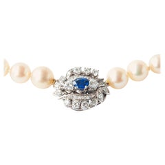 Vintage Akoya Pearl Necklace with Sapphire and Diamond 14K White Gold Clasp