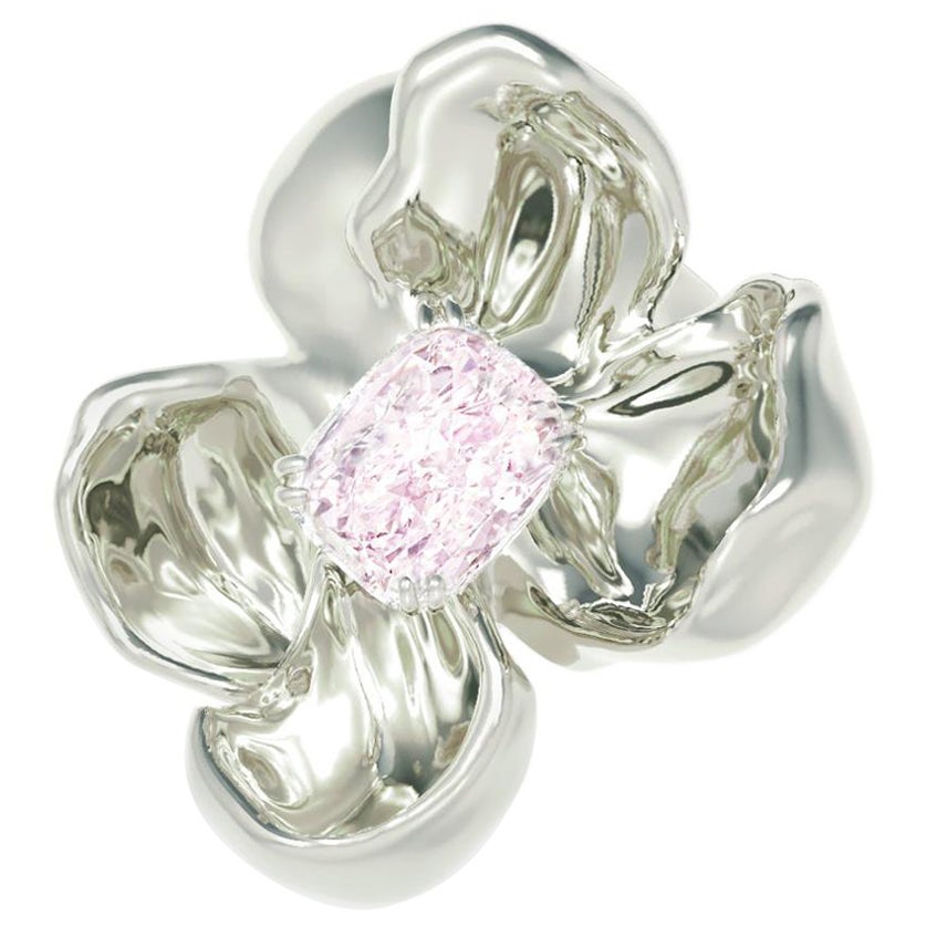Purplish Pink Diamond Eighteen Karat White Gold Sculptural Magnolia Brooch