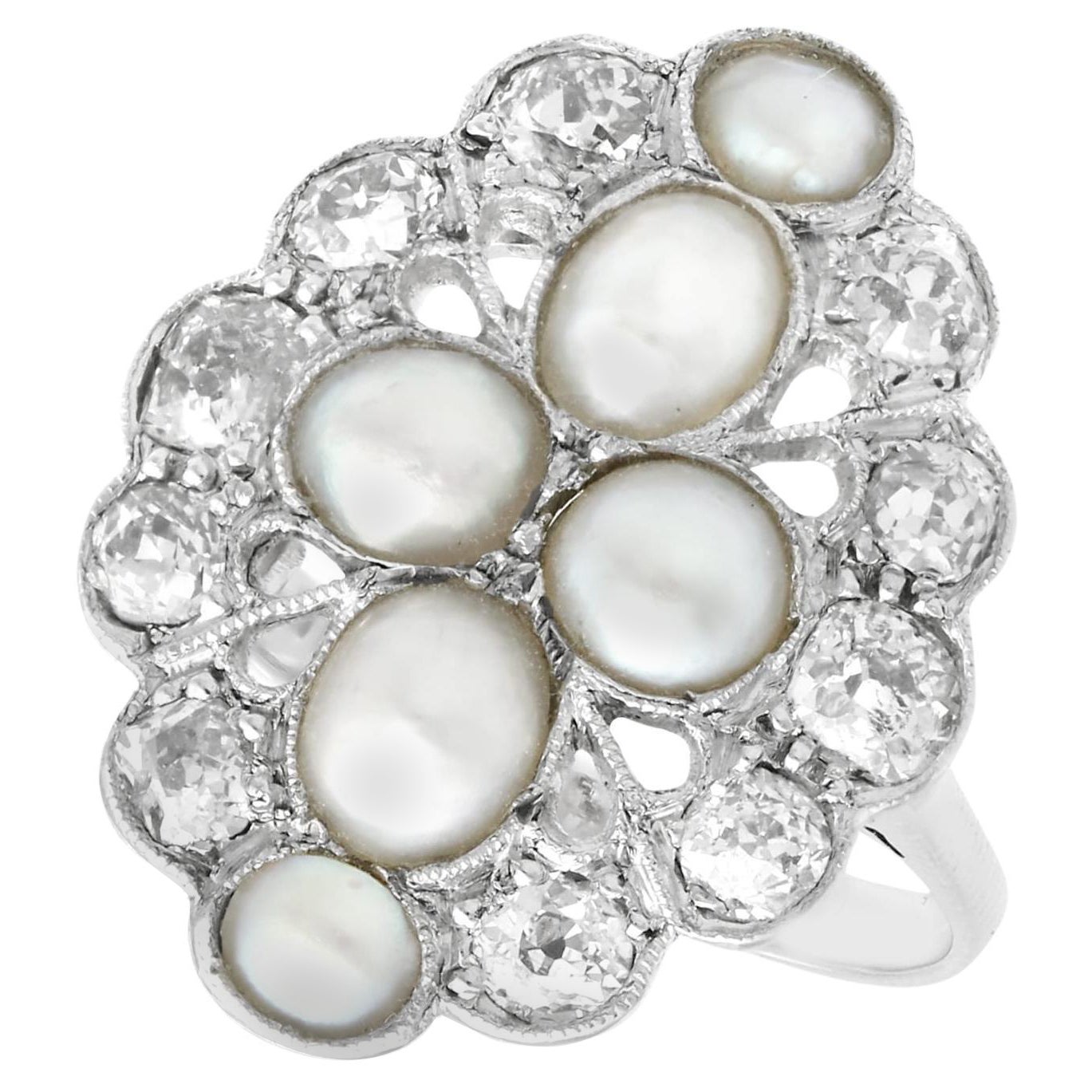 1900s Pearl and 1.73 Carat Diamond White Gold Cocktail Ring For Sale