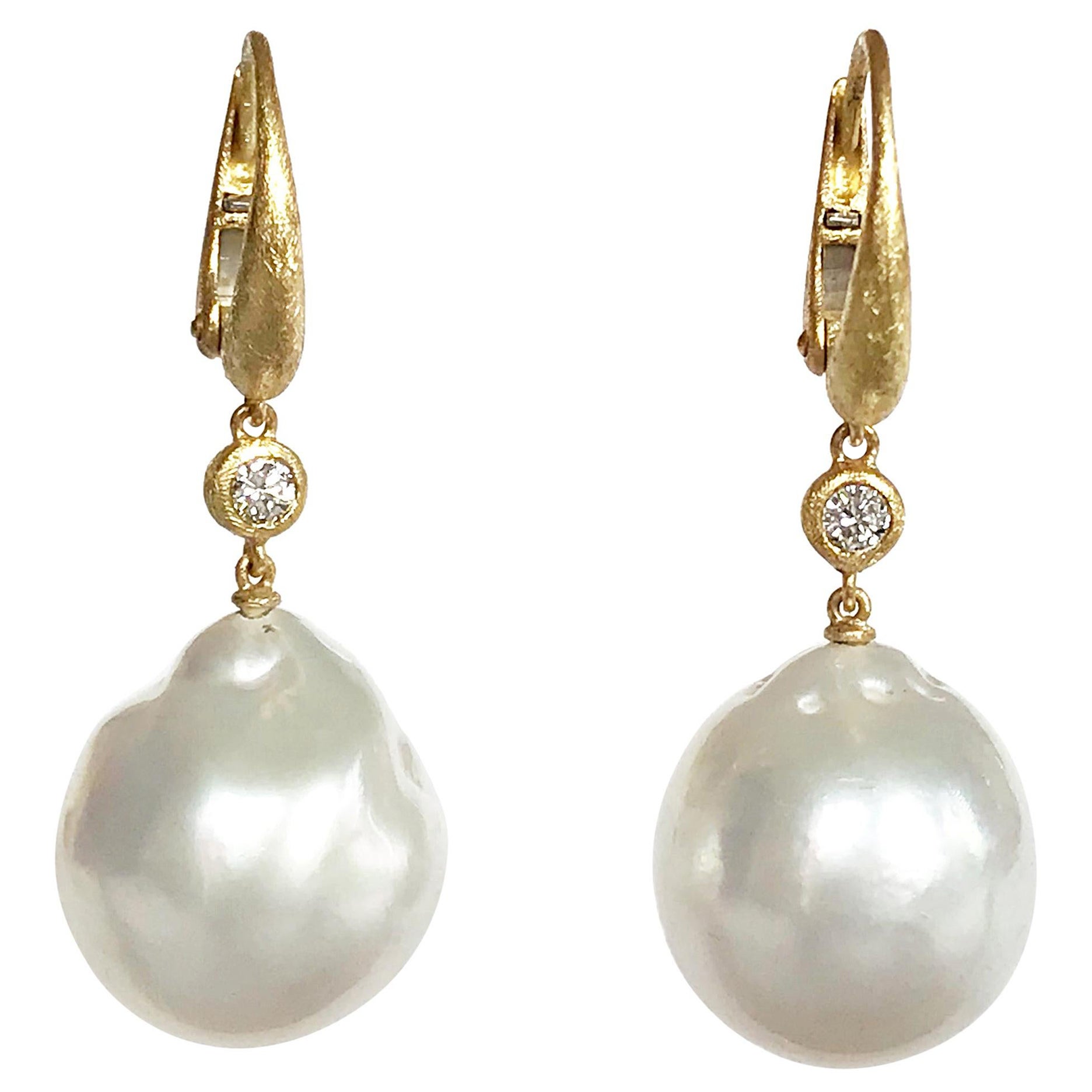 Dalben Design South Sea Baroque Pearl and Diamond Yellow Gold Dangle Earrings For Sale