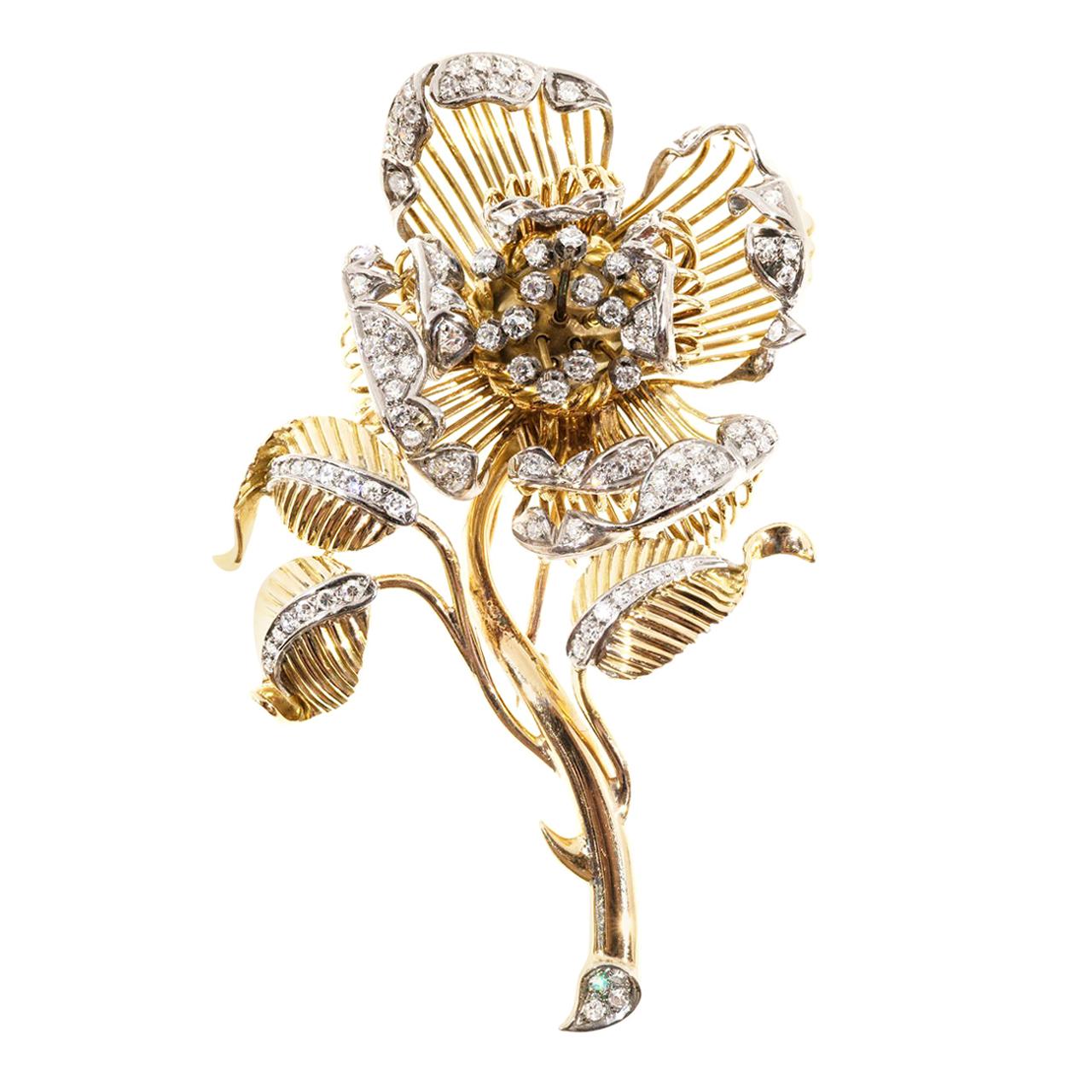 2.20 Carat En Tremblant Diamond Two-Tone Gold Flower Brooch For Sale