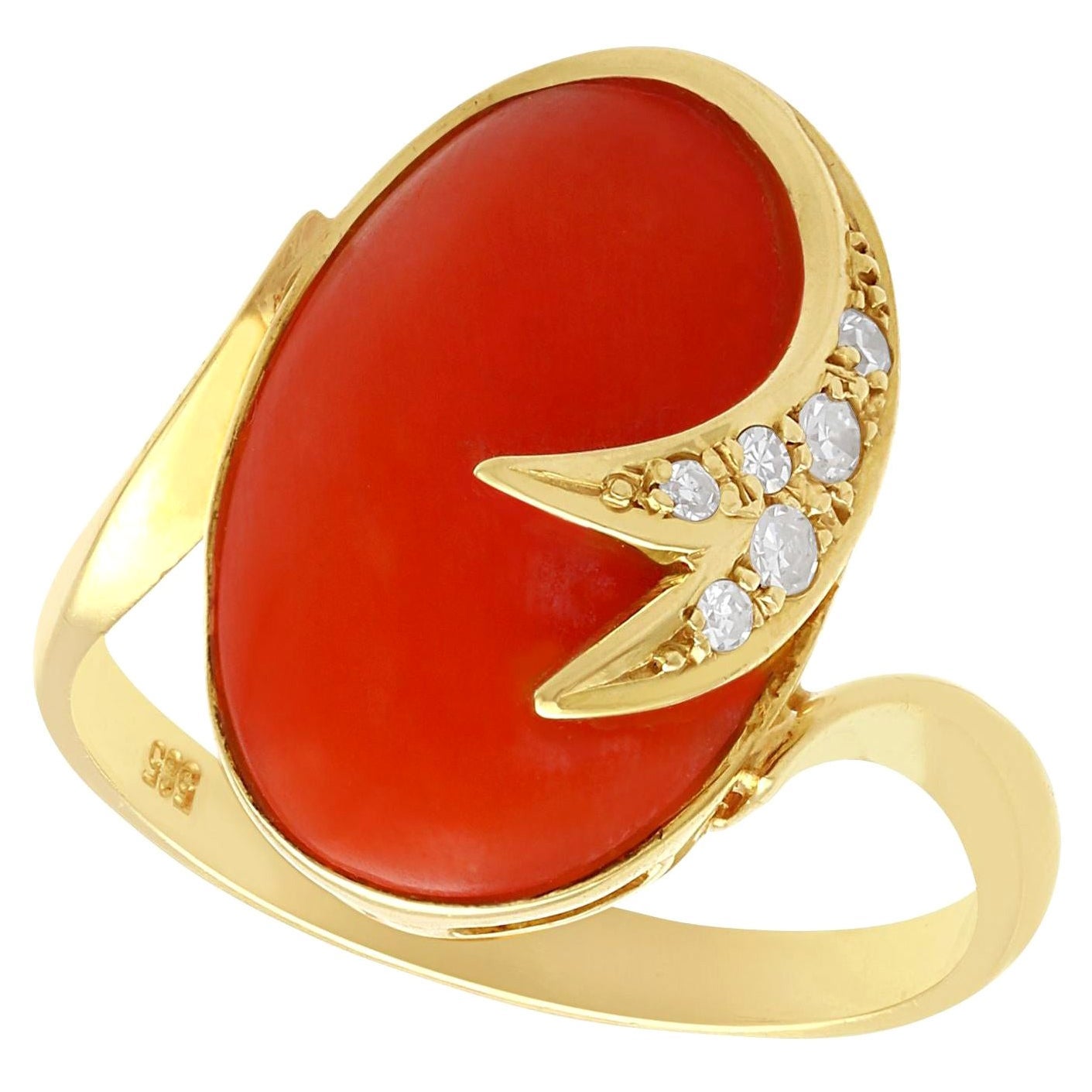 5.42 Carat Cabochon Cut Coral and Diamond Yellow Gold Cocktail Ring For Sale