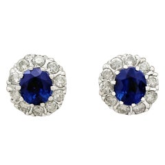 Vintage 1.50 Carat Blue Sapphire Diamond White Gold Cluster Earrings