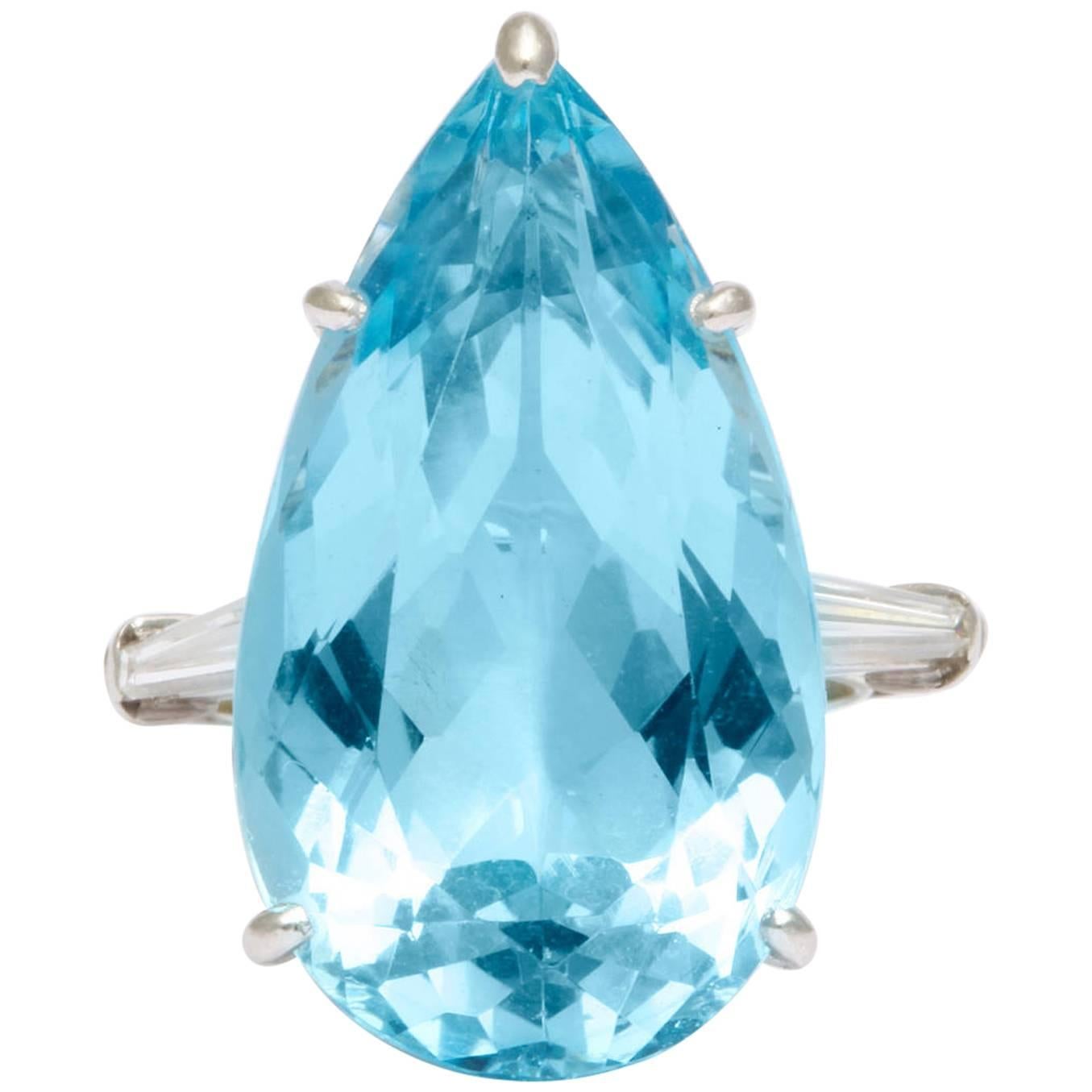 1950s Cartier Pear Shaped Aquamarine Diamond Platinum Ring