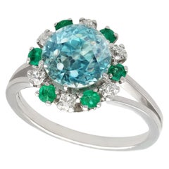 Vintage 1940s French Zircon Diamond Emerald and White Gold Cocktail Ring