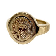 Crest Signet Memento Mori Style Ruby  Skull Ring Bronze J Dauphin