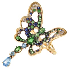 French Collection Yellow Gold Diamond and Multiple Gemstone Butterfly Ring