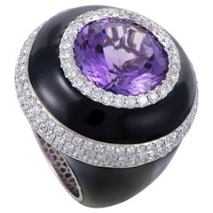 Womens 18K White Gold Diamond Amethyst and Onyx Cocktail Ring