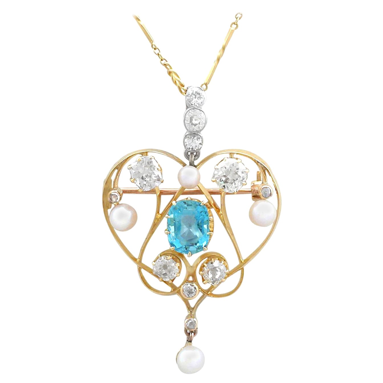 Victorian 1890s Diamond Aquamarine Pearl and Yellow Gold Pendant or Brooch For Sale