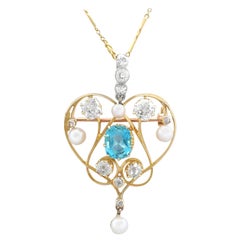 Victorian 1890s Diamond Aquamarine Pearl and Yellow Gold Pendant or Brooch