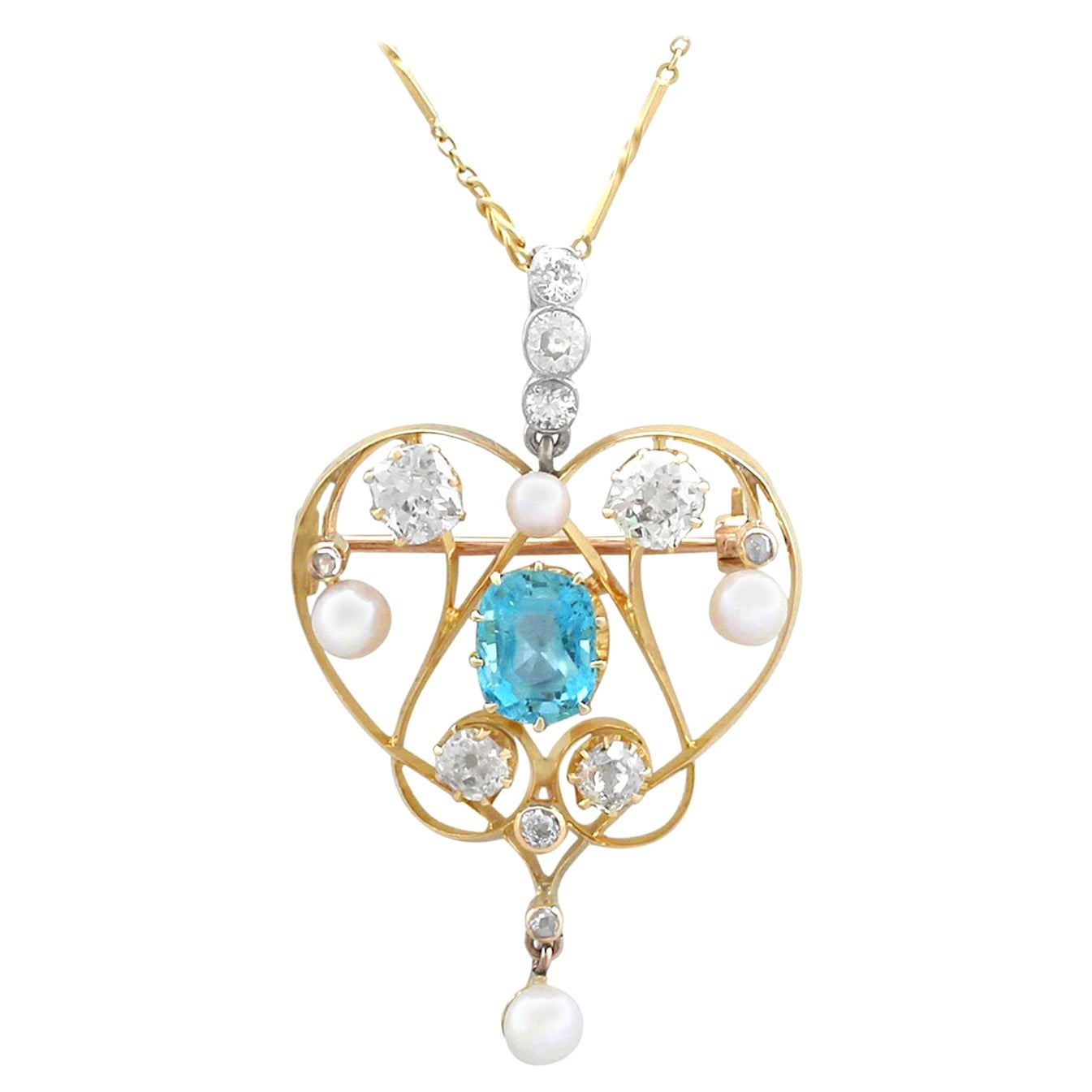 Victorian 1890s Diamond Aquamarine Pearl and Yellow Gold Pendant or Brooch