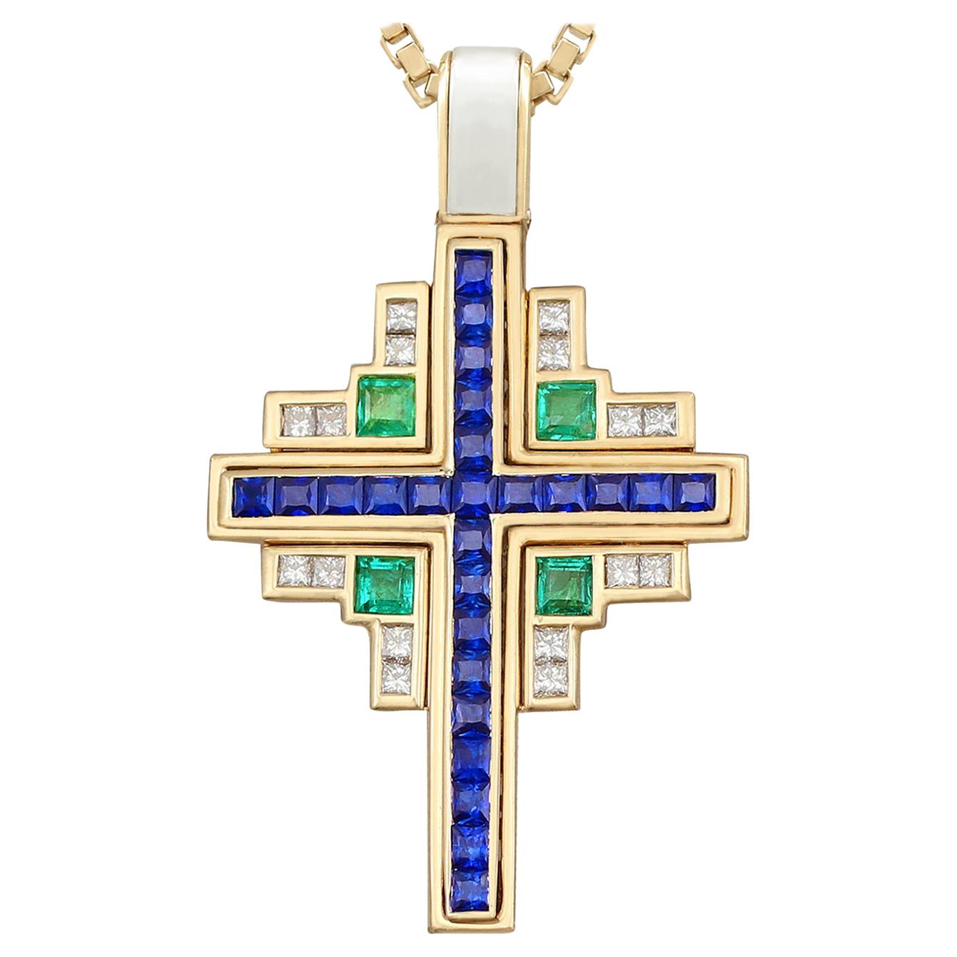 1980s 1.75 Carat Sapphire 1 Carat Emerald and Diamond Yellow Gold Cross Pendant