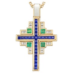 1980s 1.75 Carat Sapphire 1 Carat Emerald and Diamond Yellow Gold Cross Pendant