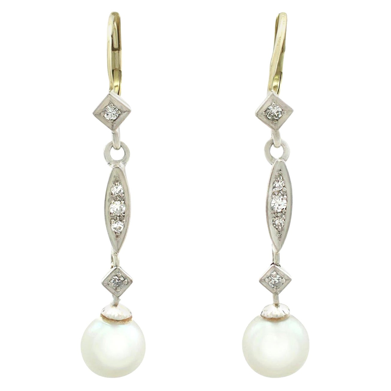 Art Deco 9 Carat Yellow Gold Diamond and Cultured Pearl Drop Earrings ...