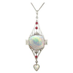 Art Deco Style Opal Diamond and Ruby Pendant in Platinum