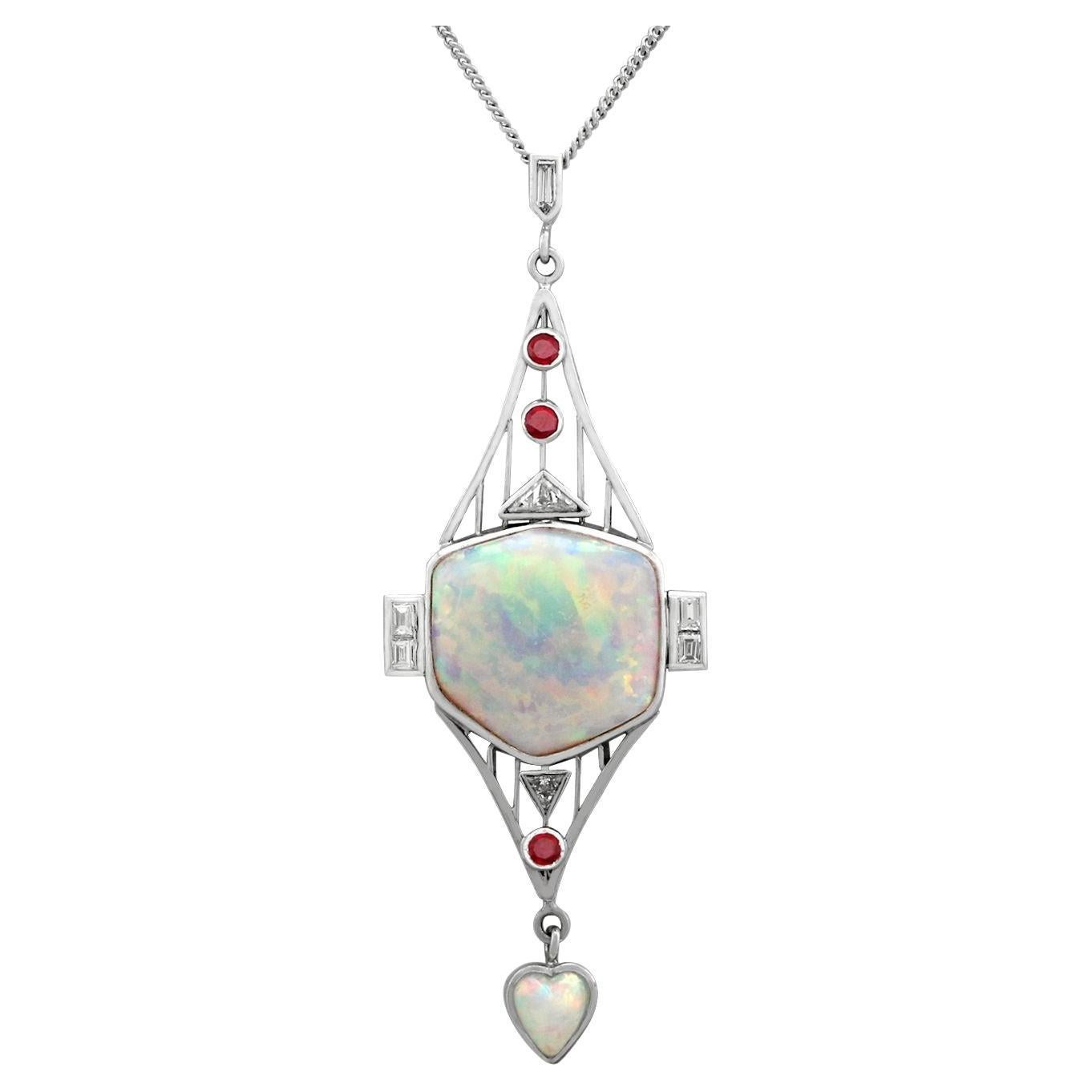 Art Deco Style Opal Diamond and Ruby Pendant in Platinum