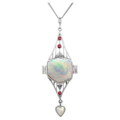 Retro Art Deco Style Opal Diamond and Ruby Pendant in Platinum