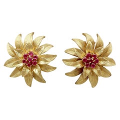 Italian Ruby and Yellow Gold Floral Earrings