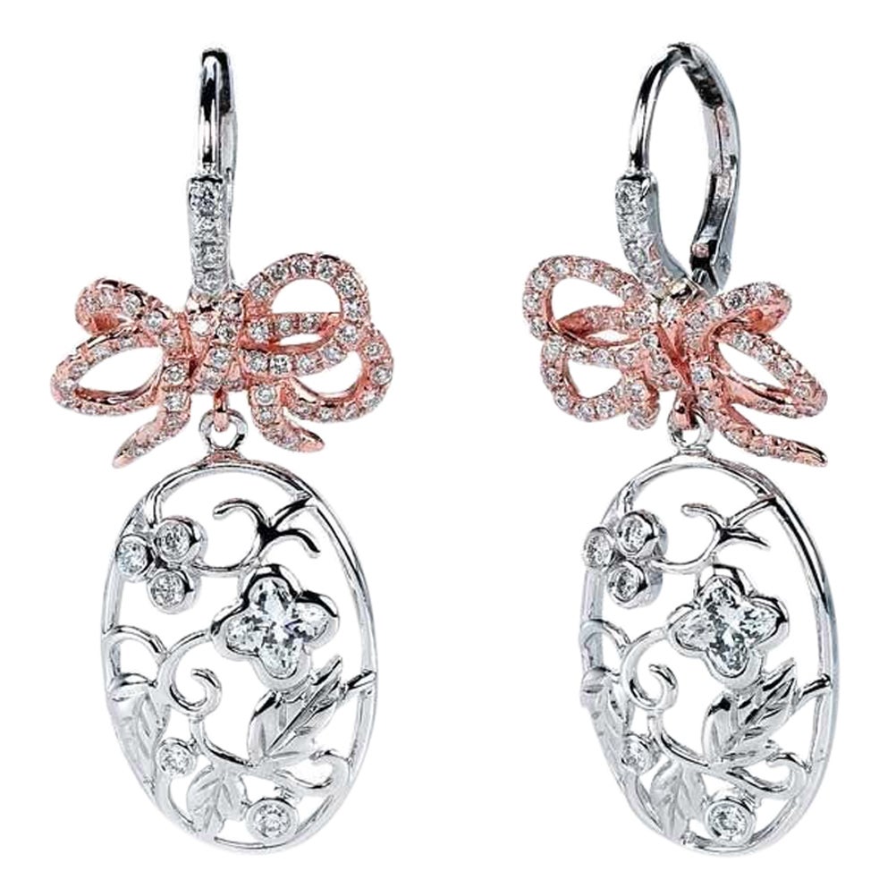 18KT White and Rose Gold Bouquet Bow Diamond Flower Earrings For Sale