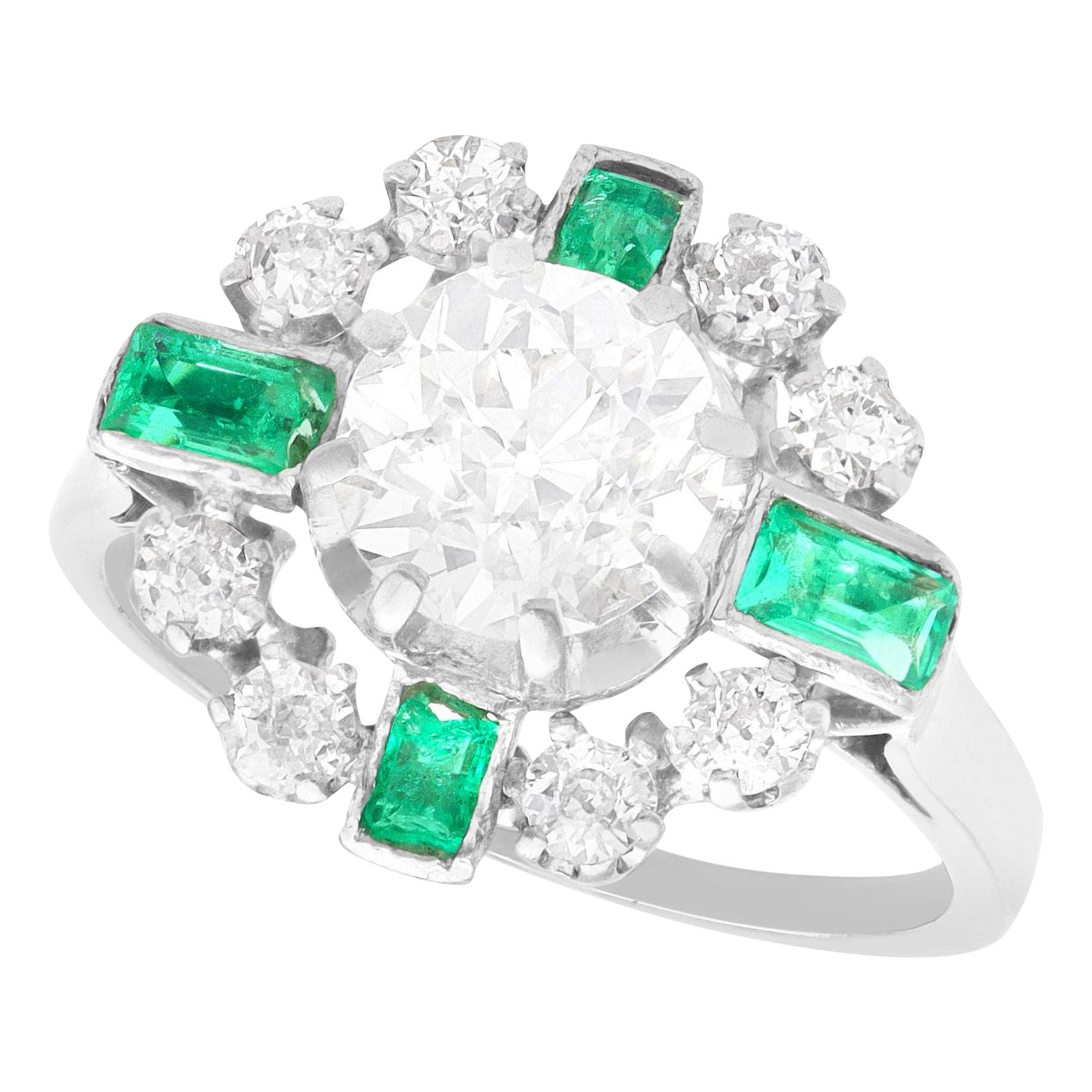 1950s French 2.06 Carat Diamond and Emerald White Gold Cocktail Ring For Sale
