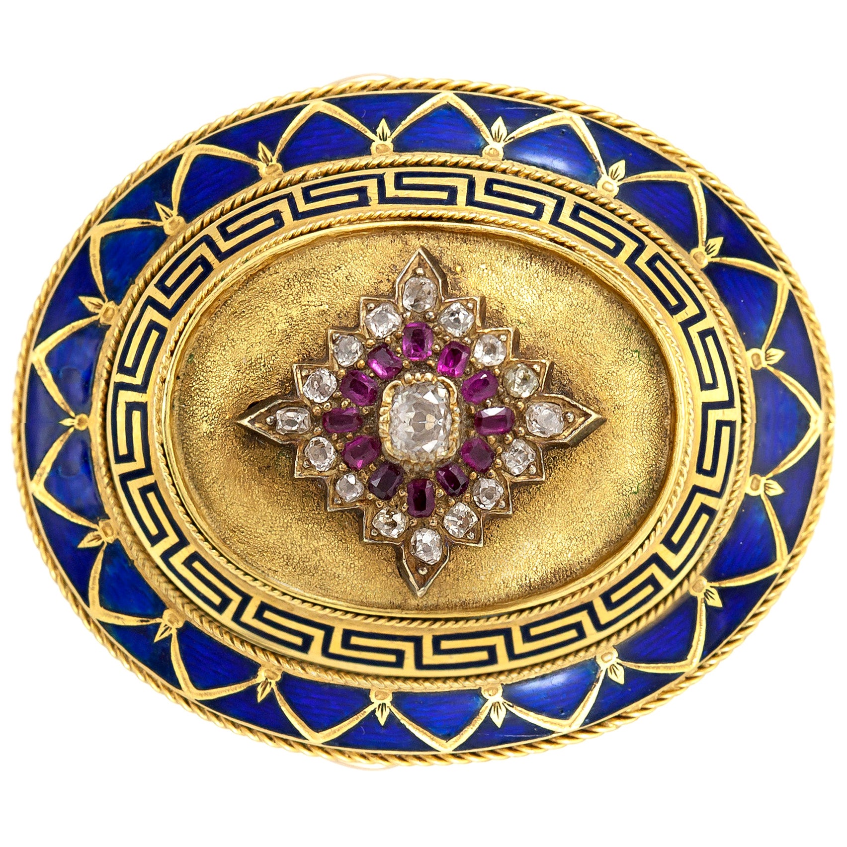 Faberge Enamel Ruby Diamond Gold Brooch For Sale at 1stDibs