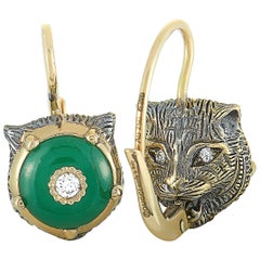 Gucci LMDM 18K Yellow Gold Diamond and Jade Feline Motif Earrings