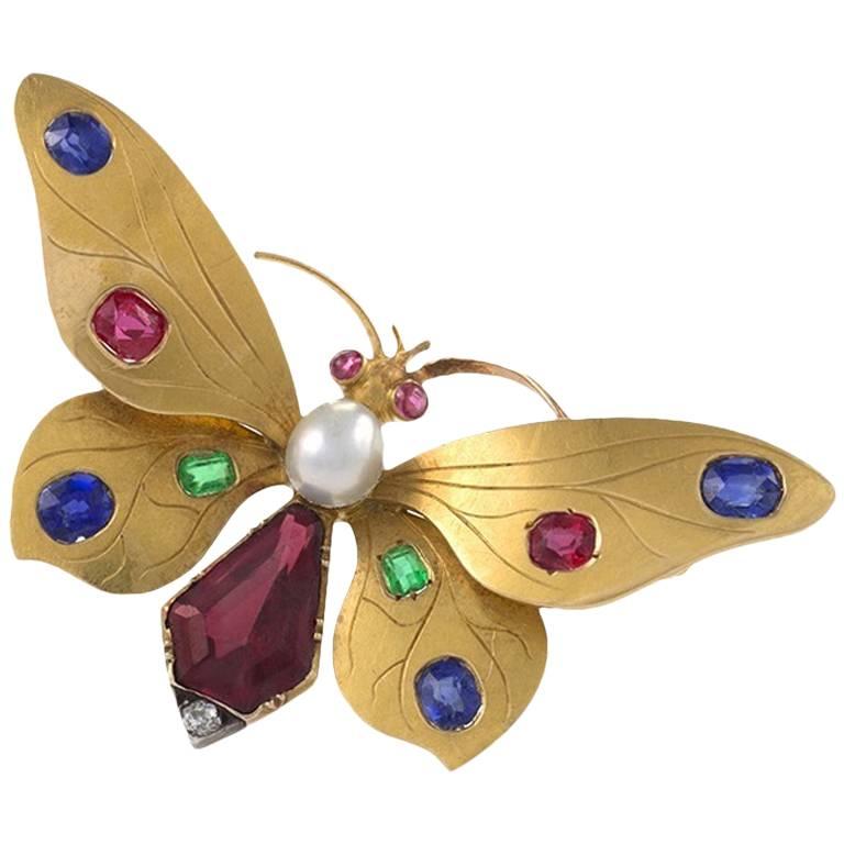 Austrian Art Nouveau Jeweled Butterfly Brooch