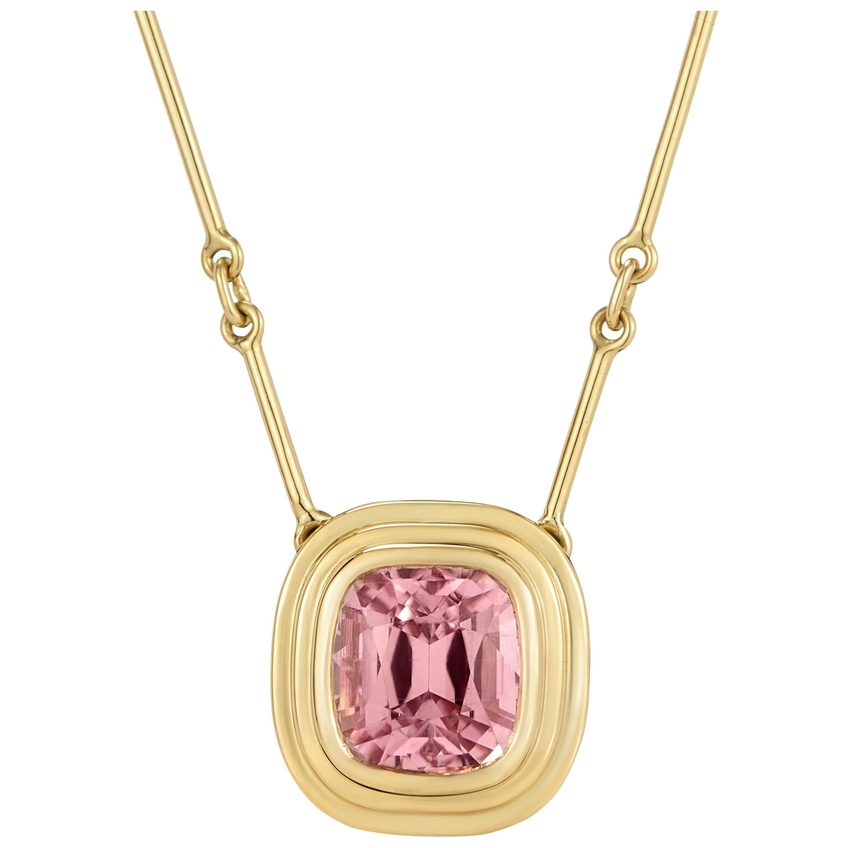 Athena: 1.24ct Cushion Cut Pink Tourmaline Necklace in 18k Yellow Gold For Sale