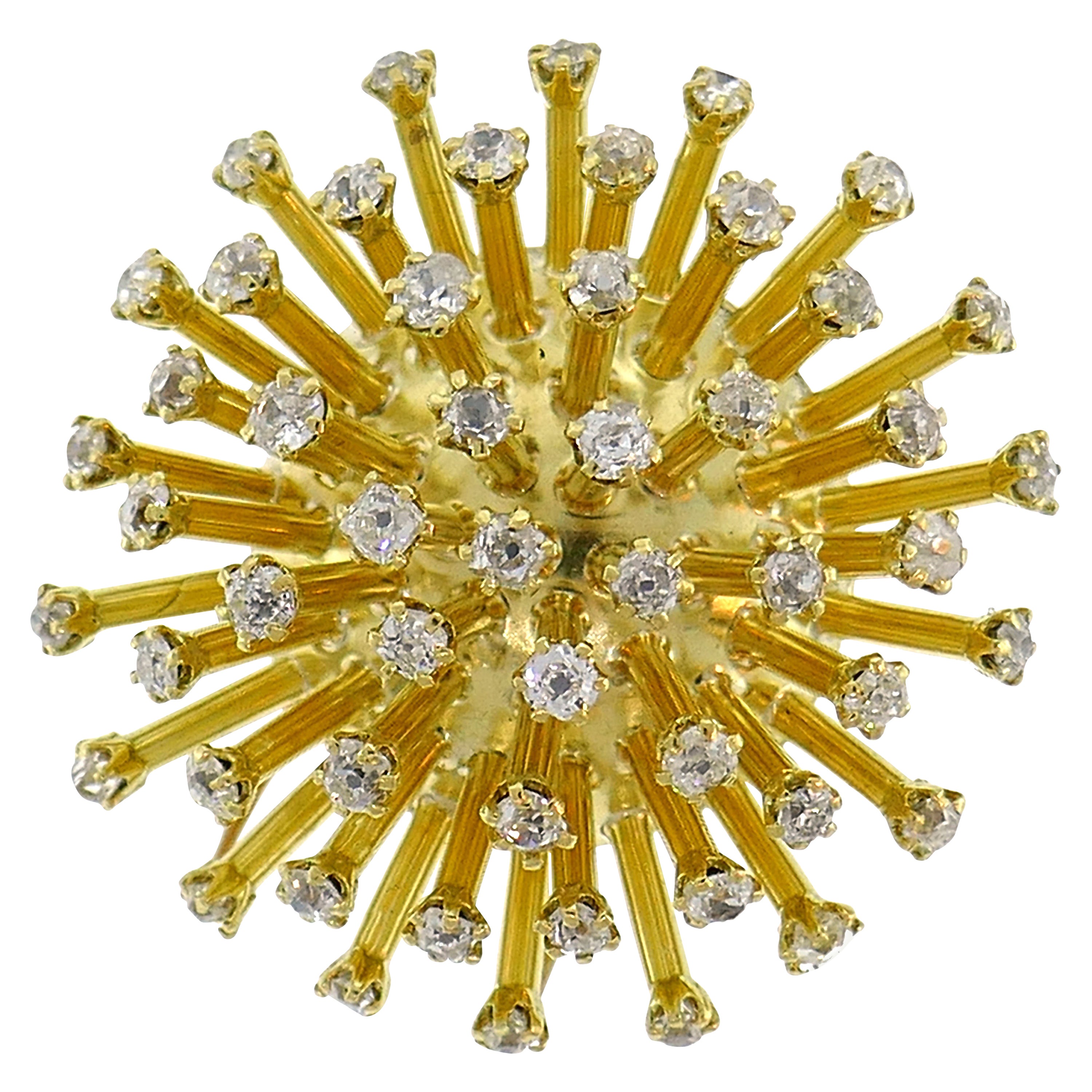 Emerald Diamond Yellow Gold Pin Brooch Clip, 1970s at 1stDibs