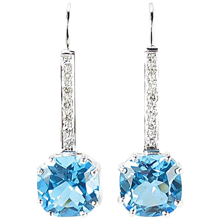 Cushion Blue Topaz and Diamond Gold Drop Earrings Estate Fine Jewelry