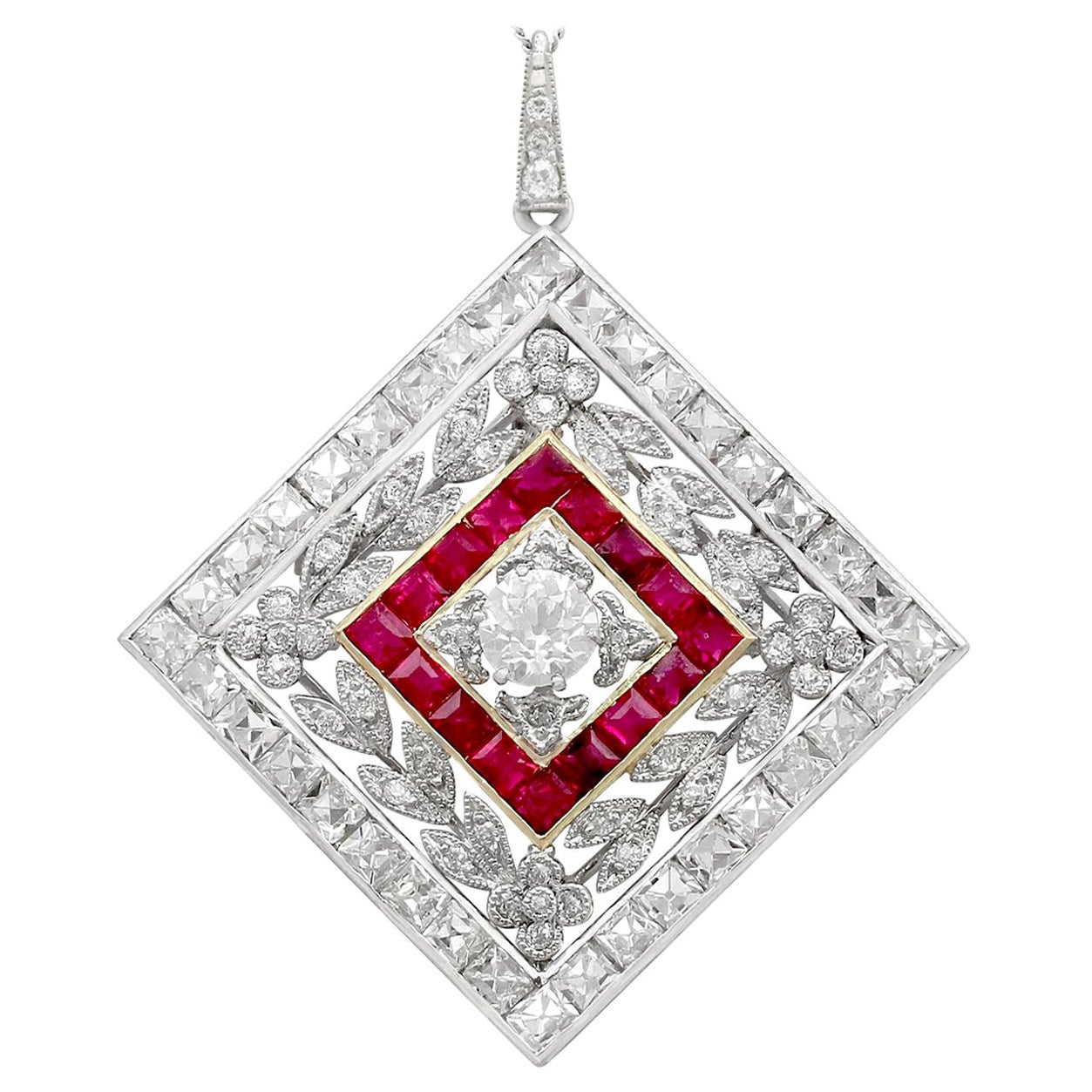 Antique 1900s Ruby 3.48 Carat Diamonds Gold Platinum Pendant Brooch For Sale