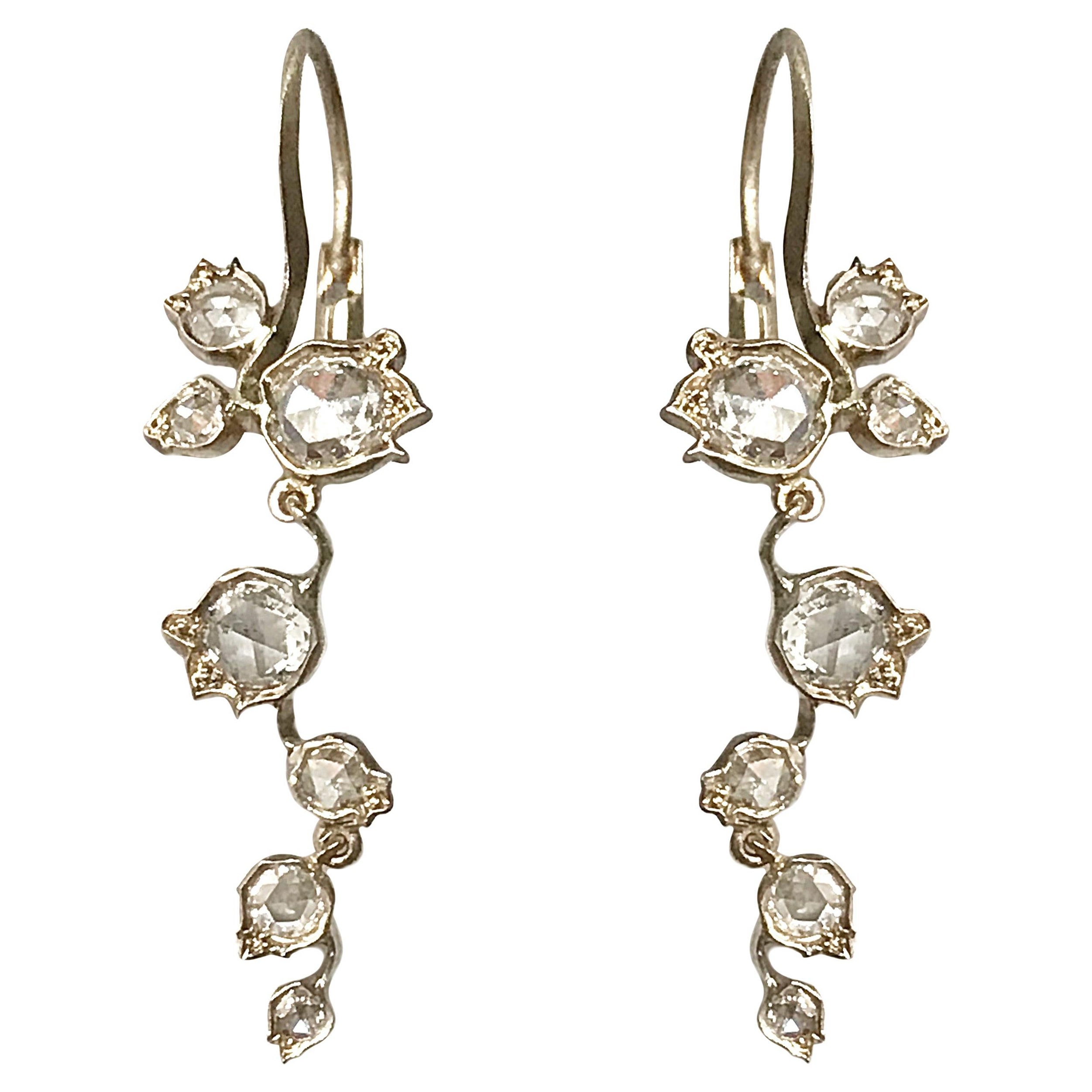 Dalben Rose Cut Diamonds White Gold Floral Earrings For Sale