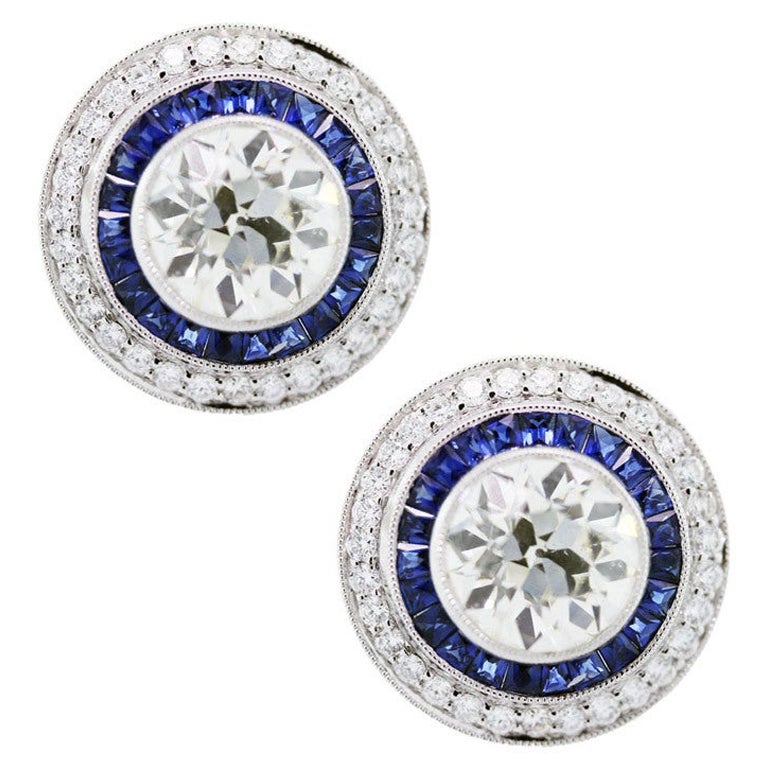 5.90 Carat Diamond and 1.40 Carat Sapphire Earrings Platinum in Stock For Sale