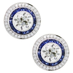 5.90 Carat Diamond and 1.40 Carat Sapphire Earrings Platinum in Stock