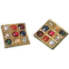 Retro 1940s Nava Ratna Enamel Precious Gemstone and 22 Karat Gold Earrings, India