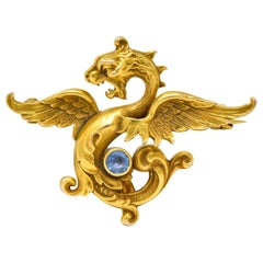 Whiteside and Blank Art Nouveau 14 Karat Gold Sapphire Dragon Watch Pin Brooch