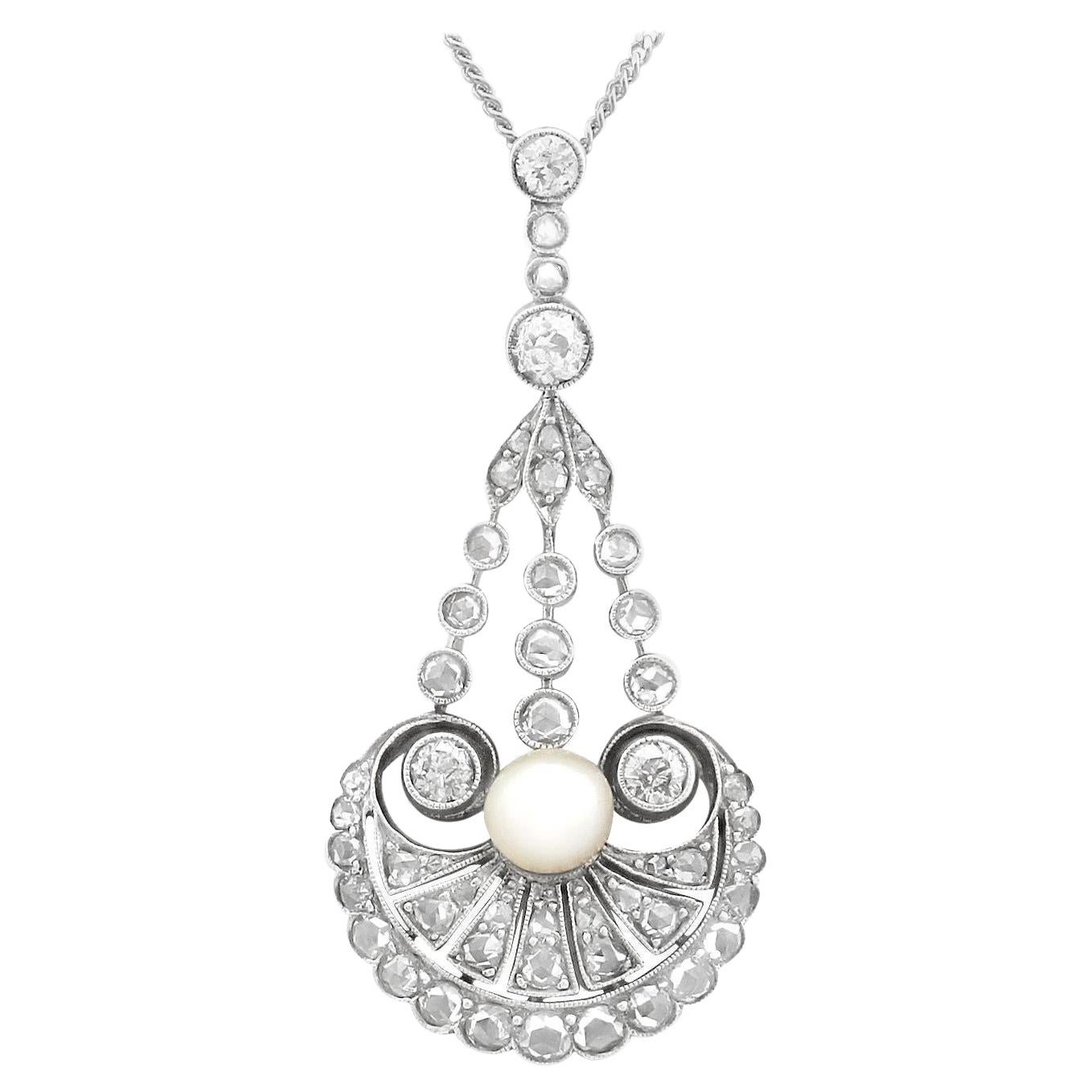 Antique Natural Pearl and 1.48 Carat Diamond Yellow Gold Pendant For Sale