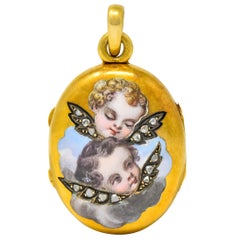 Victorian Rose Cut Diamond Enamel 18 Karat Gold Cherub Mourning Locket Pendant