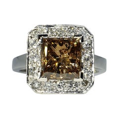 Natural 2.38ct Fancy Light Brown Princess Cut Diamond 18k White Gold Halo Ring