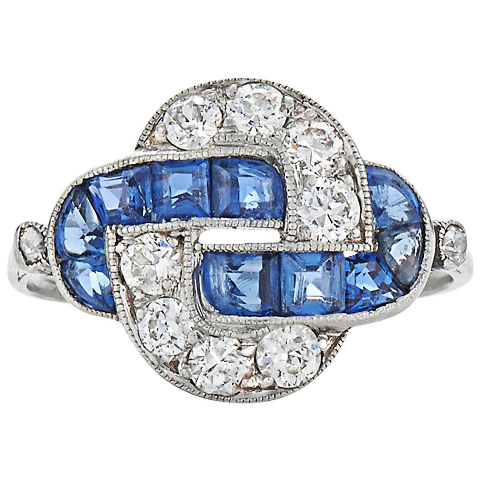 Art Deco Sapphire Diamond Platinum Knot Ring
