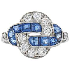 Art Deco Sapphire Diamond Platinum Knot Ring 3