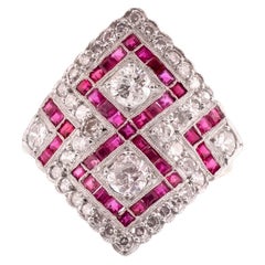 Edwardian Platinum and 18 Karat Yellow Gold Diamond and Ruby Diamond Shaped Ring