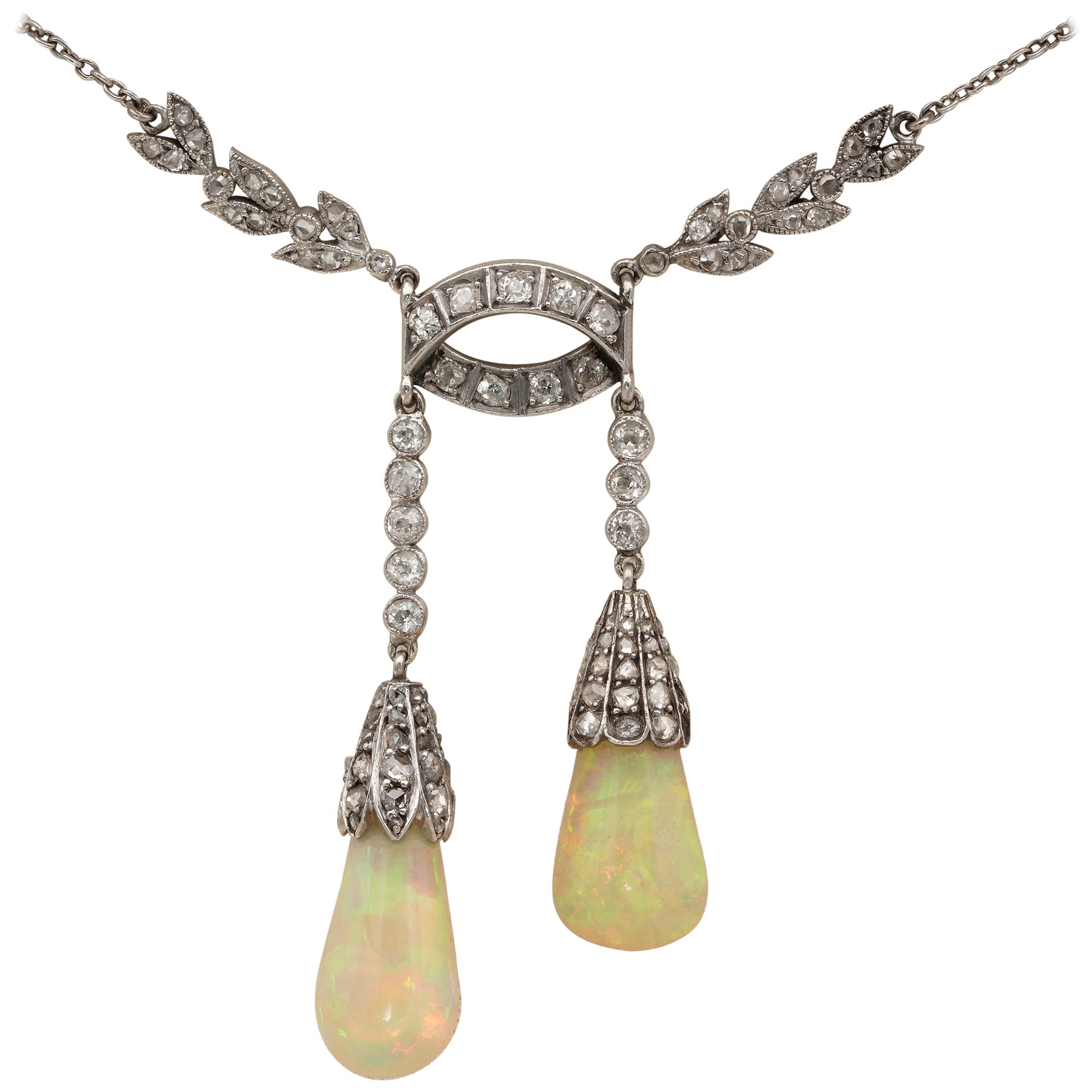 Edwardian Opal Diamond Platinum Drop Pendant Necklace For Sale at 1stDibs