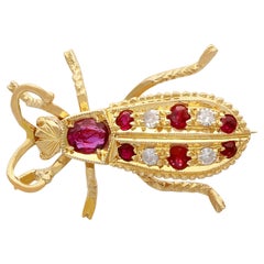 Vintage 1990s Ruby and Diamond Yellow Gold Insect Brooch