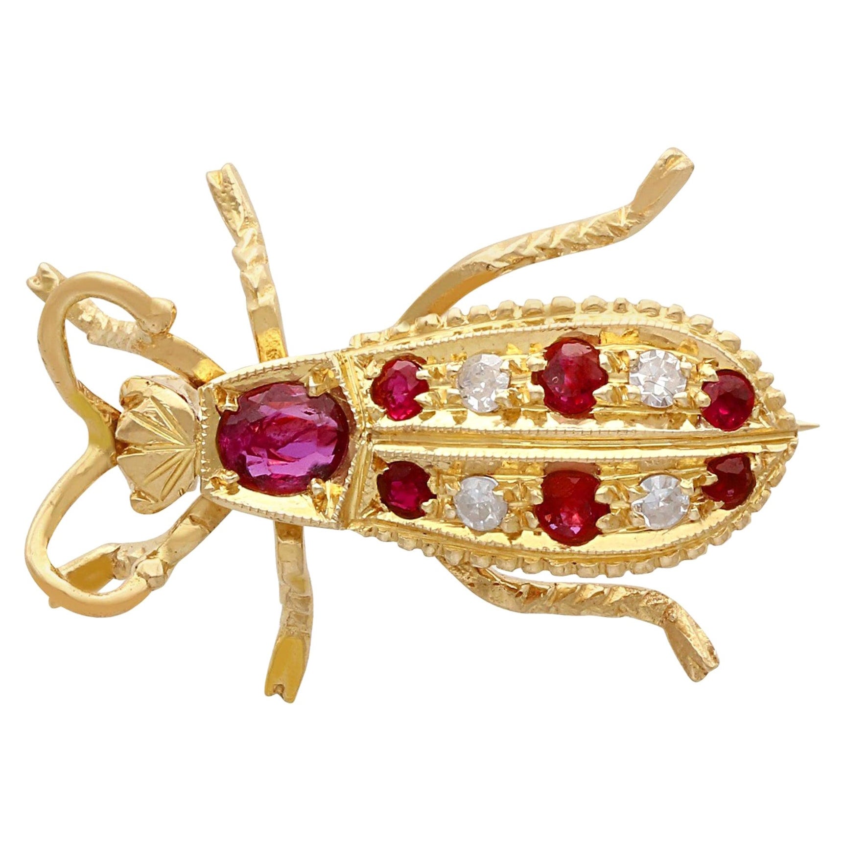 Vintage 1990s Ruby and Diamond Yellow Gold Insect Brooch For Sale