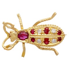 Vintage 1990s Ruby and Diamond Yellow Gold Insect Brooch