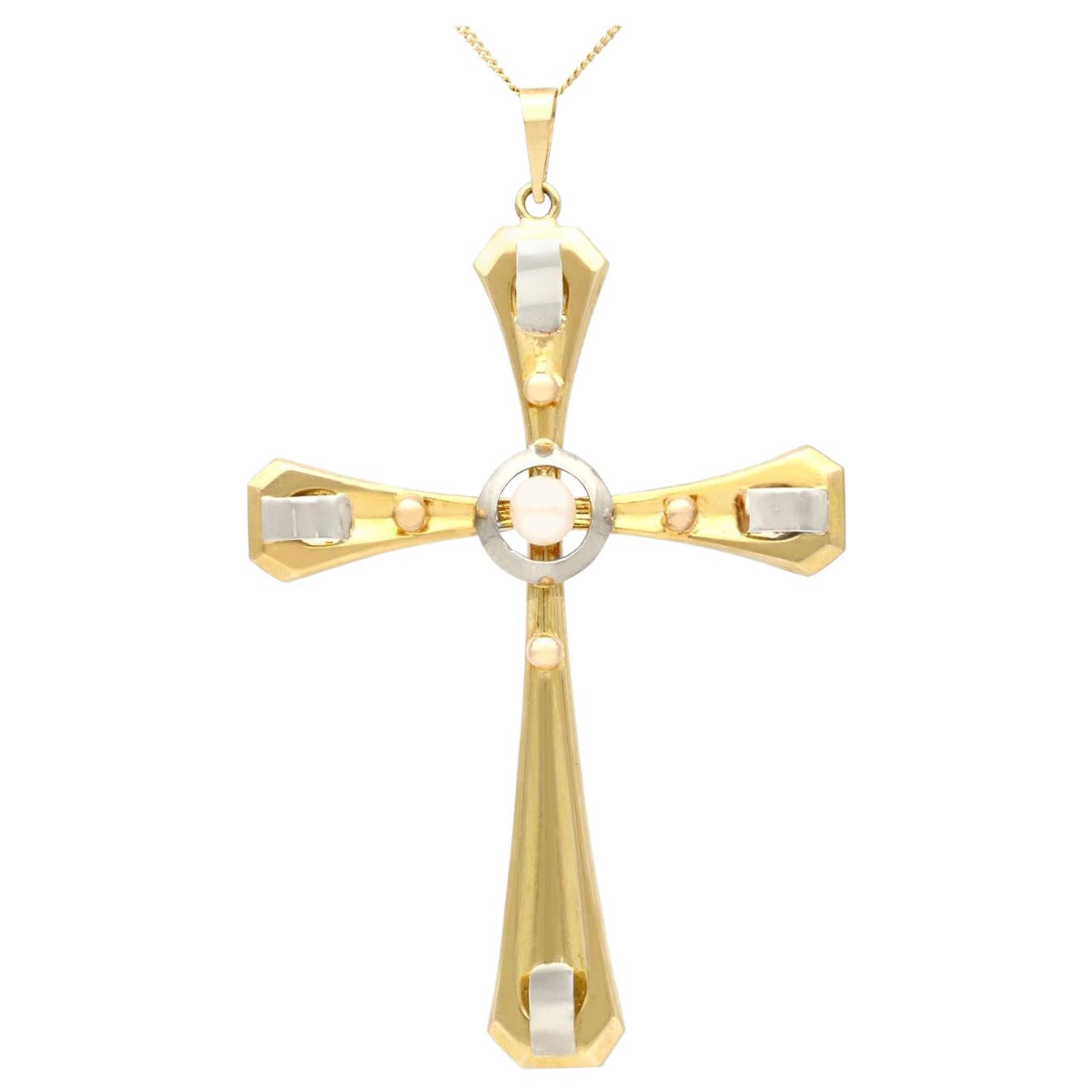 1940s Seed Pearl and Yellow Gold Cross Pendant For Sale