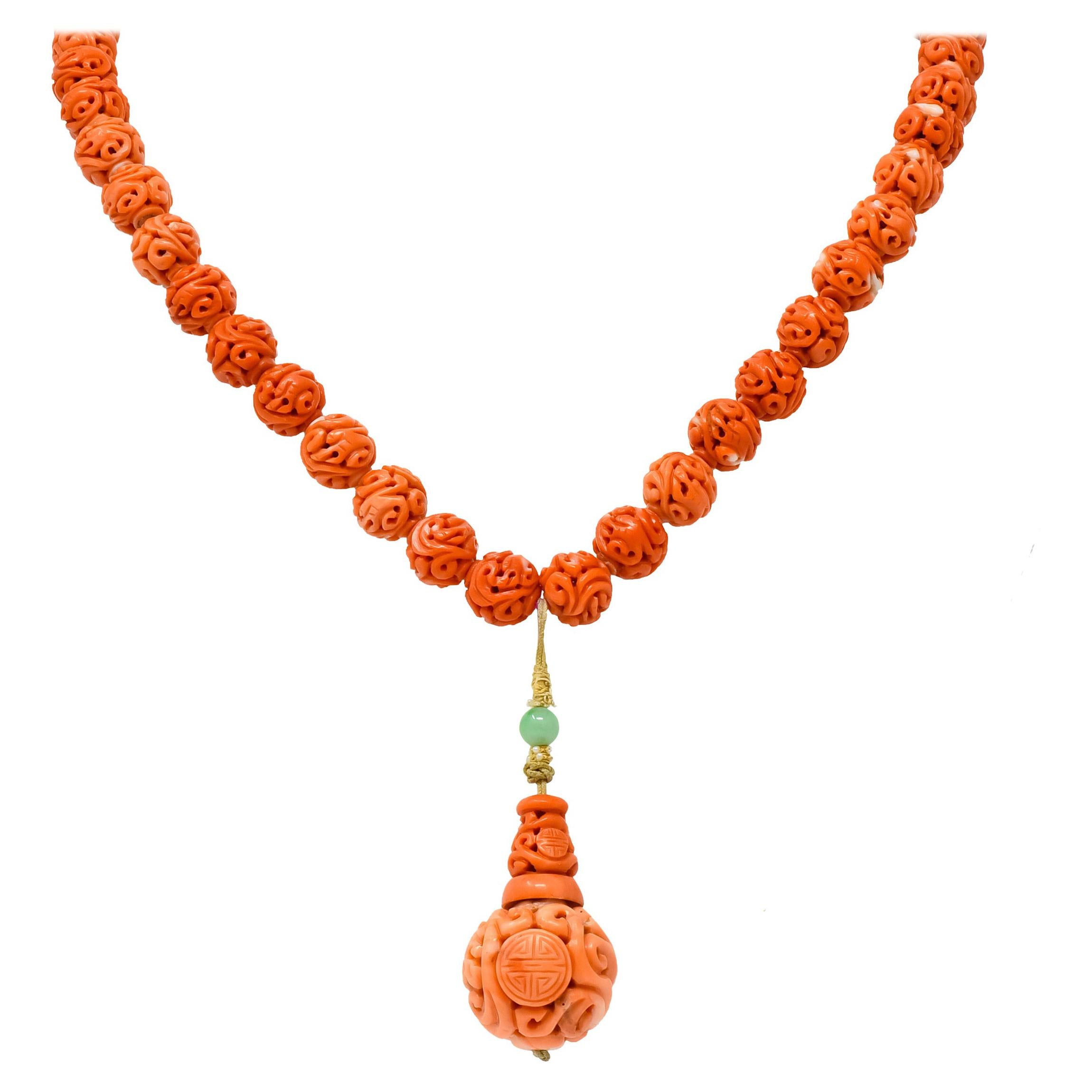Intricate Victorian Carved Coral Jade Seed Pearl Silk Dragon Drop Necklace
